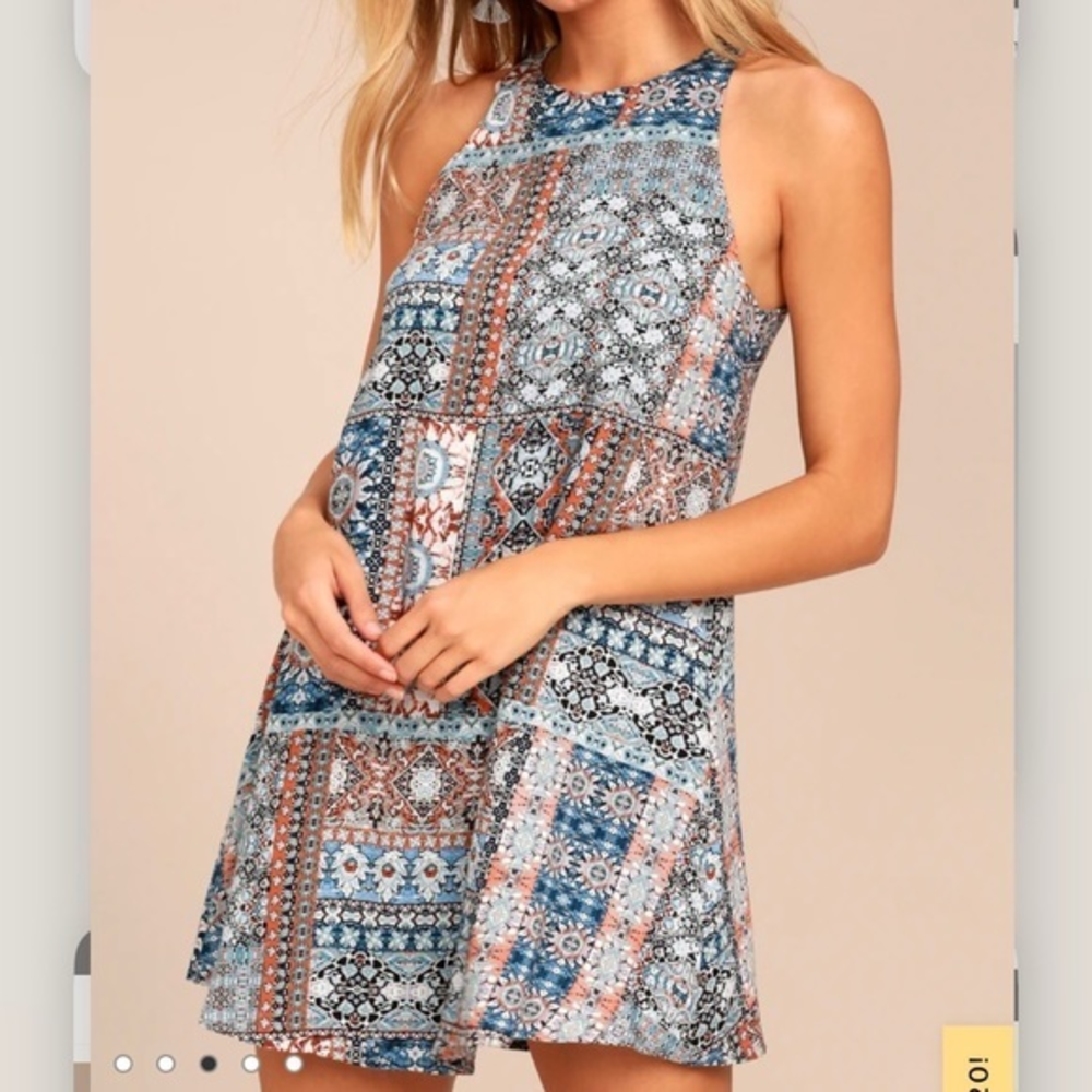 Lulus Design‎ Major Grey Blue Floral Boho Print Sleeveless Swing Dress LARGE